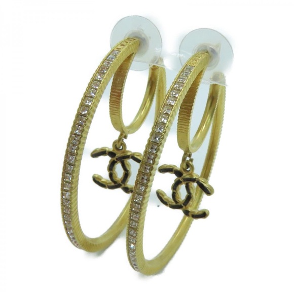 Chanel Double Hoop Swarovski Crystal Earrings Chain CC Logo - Picture 1 of 6